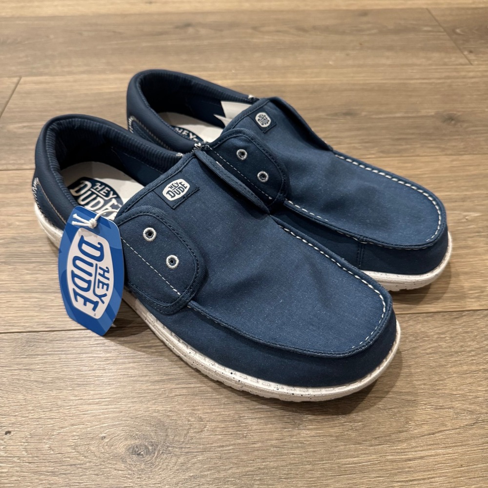 NEW Hey Dude Wally Cru Stretch Canvas Ensign Blue Multi Men 12 Loafer NWT In Box